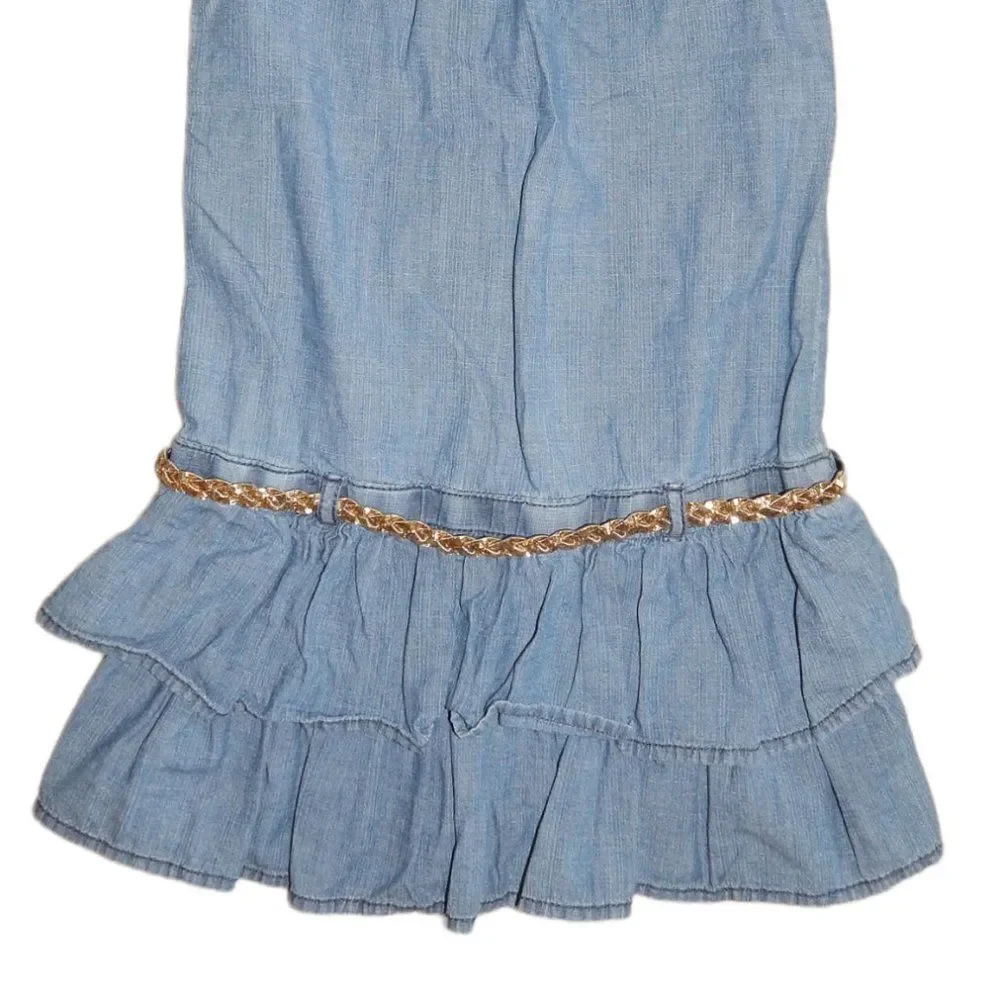 Gymboree Girls 7 Cotton Denim Sleeveless Ruffle Dress Gold Glitter Braided Belt